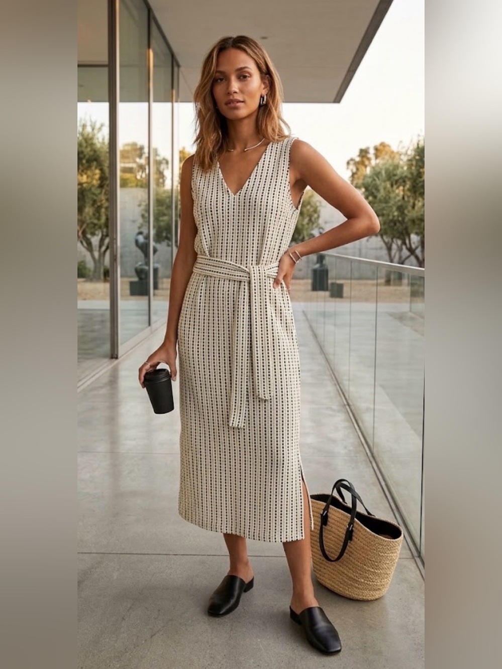 Ann Taylor Factory Sleeveless V-Neck Midi Dress-White/Black Dotted Stripe- Sz XL
